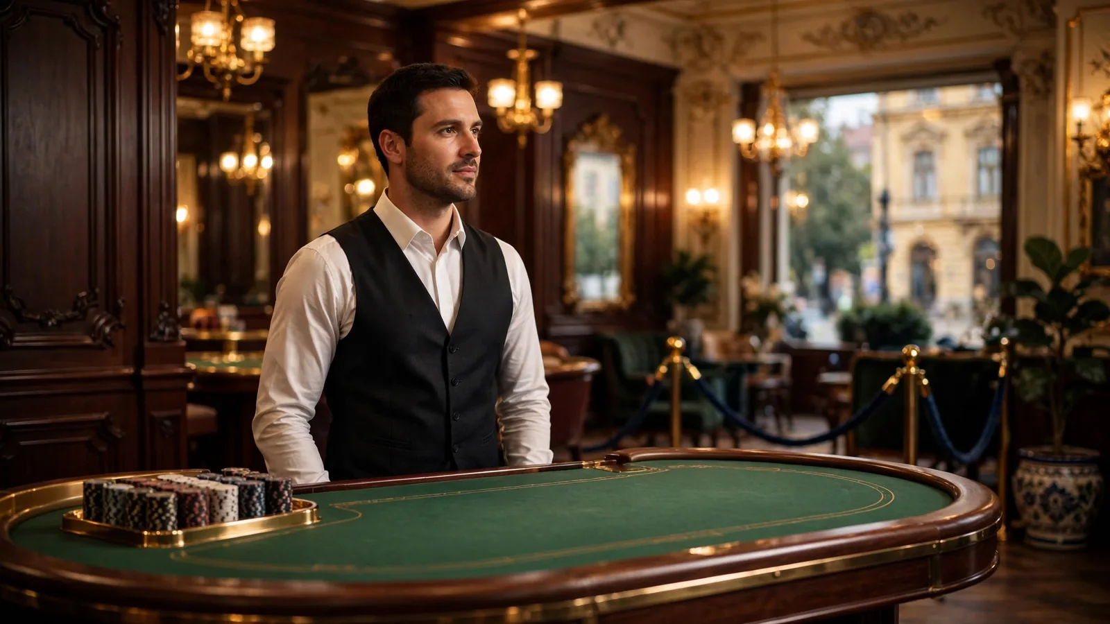 Élő baccarat asztal elegáns stúdióban, osztóval és zöld posztóval